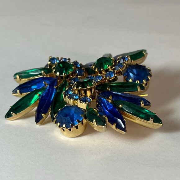 Vintage Blue Green Rhinestone Brooch Mid Century Statement Pin - Picture 4 of 6